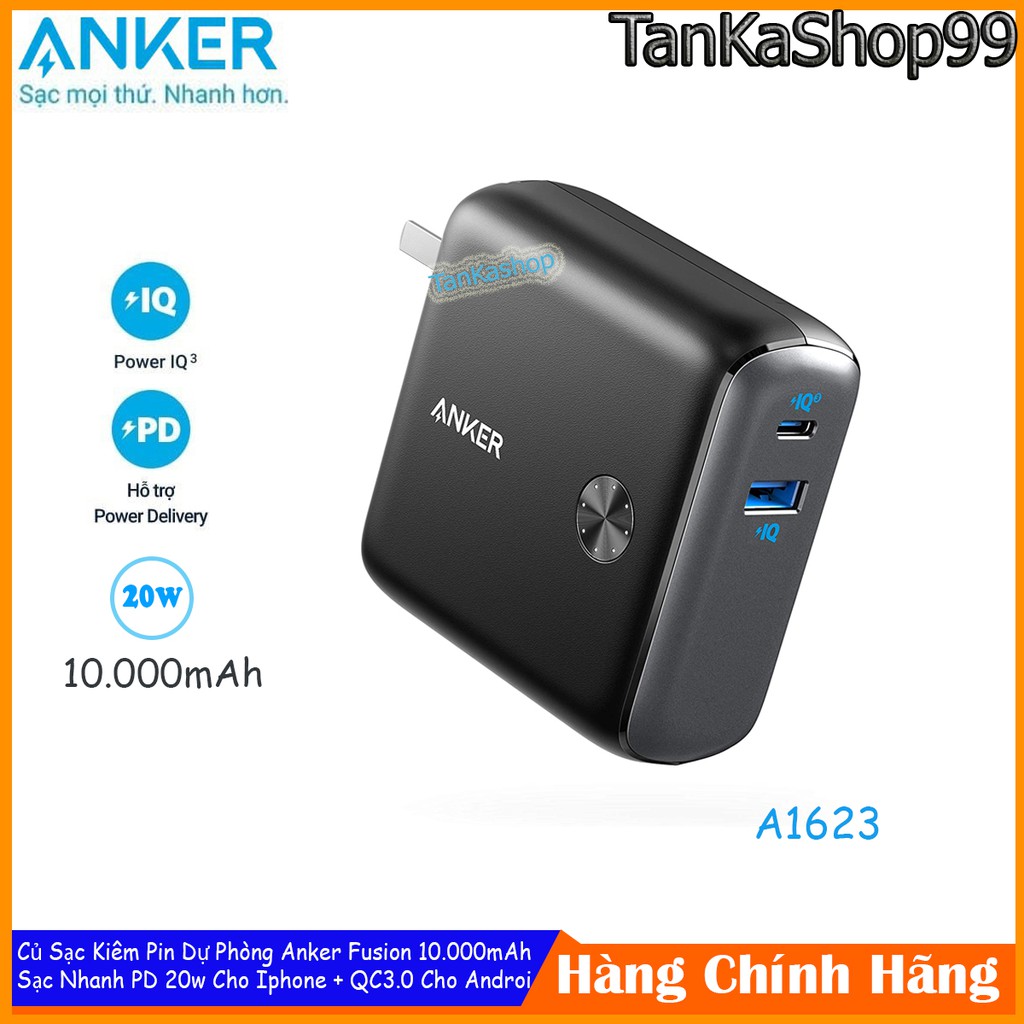 Củ Sạc Kiêm Pin Dự Phòng Anker Fusion 10.000mAh - A1623, Sạc Nhanh PD 20W Cho Iphone, QC 3.0 Cho Androi