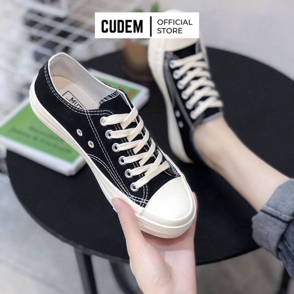 Giày thể thao cv cổ thấp nữ thêu hình gấu nâu dáng basic cá tính đế cao màu đen trắng năng động trẻ trung hot trend