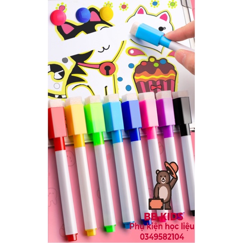 Set 10 bút màu viết bảng / viết bìa lá / học liệu xóa được kèm đầu lau