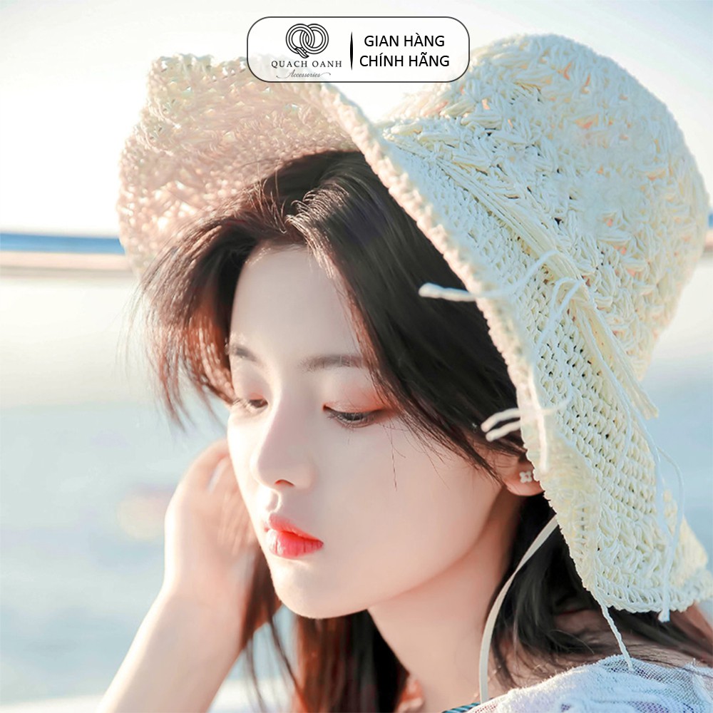 Mũ nón cói QO ACCESSORIES vành rộng dây nơ kiểu đan độc đáo đi biển mùa hè MU41