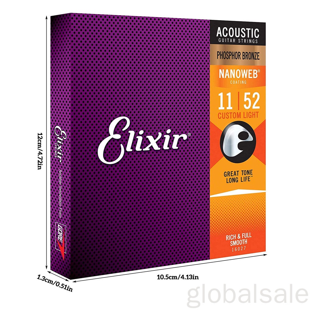 Bộ 6 dây đàn guitar Elixir 16027 11-52 bằng thép siêu nhẹ chống rỉ