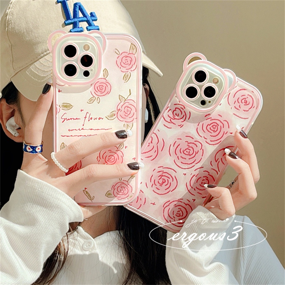 Ốp Điện Thoại Mềm Họa Tiết Hoa Hồng / Gấu Cho iPhone 14 13 12 11 Pro Max SE2020 X XR Xs Max 7 8 6 6s Plus