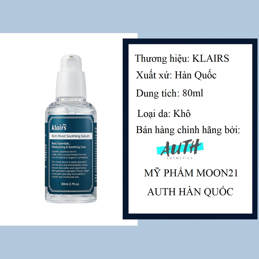 Serum Klairs, Tinh chất dưỡng da dưỡng ẩm chuyên sâu Klairs Rich Moist Soothing Serum 80ml Auth Hàn Quốc