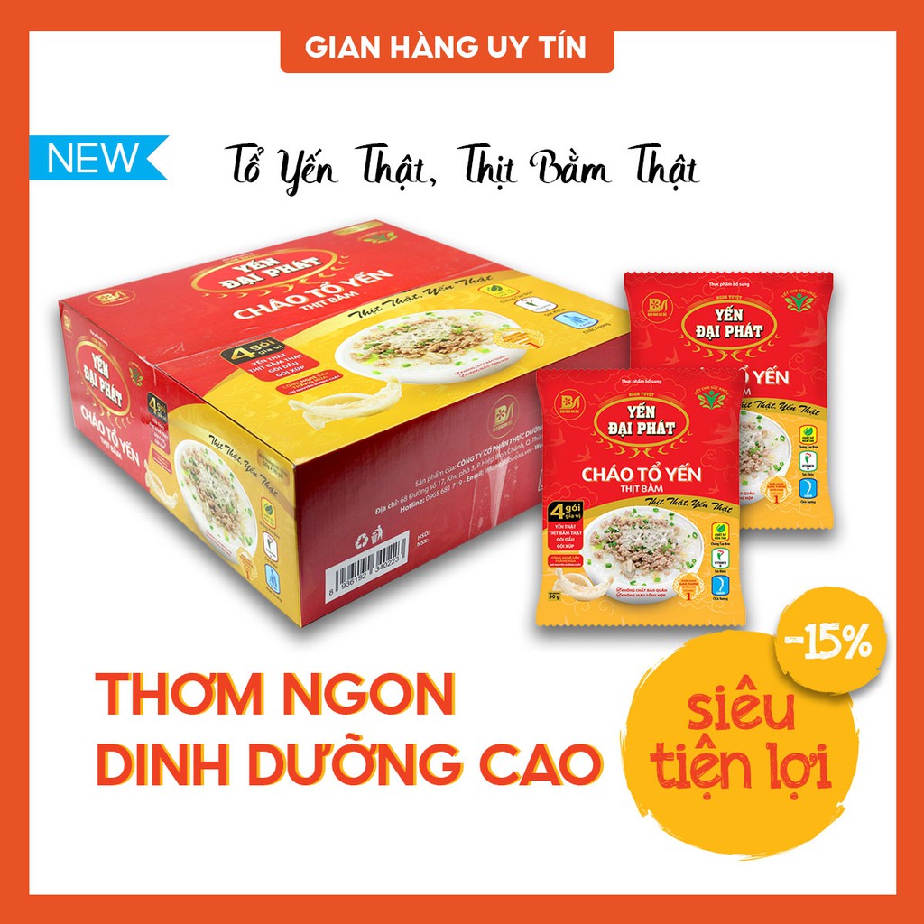 Thùng Cháo Tổ Yến Thịt Bằm - Yến Đại Phát (30 gói x 50gram) 4 gói gia vị, ăn liền, tiện lợi, thơm ngon.