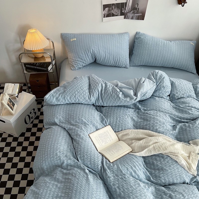 Set chăn ga 4 món cotton đũi dúm kẻ sọc