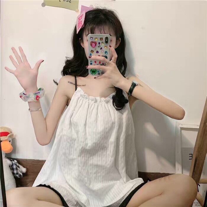 Set 2 Dây Trắng Đũi Nhăn + Quần Đùi Viền Đen  Bộ ngủ quần voan ống rộng, áo thun lụa mát mặc ở nhà bánh bèo Ulzzang