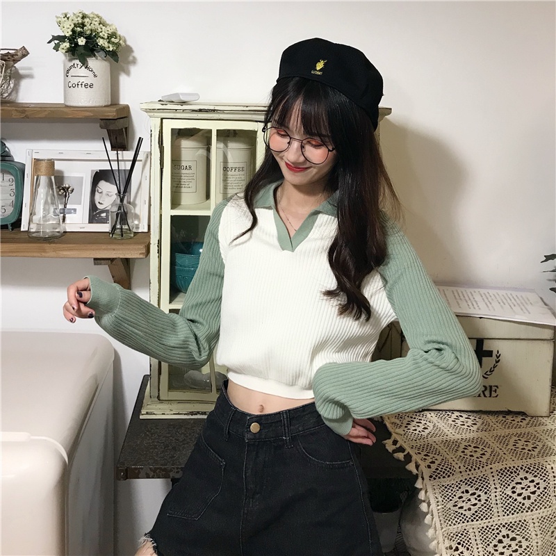 Áo kiểu ZHELIHANGFEI tay dài cổ polo dáng ngắn hở rốn dệt kim dễ phối đồ phong cách đi học thời trang