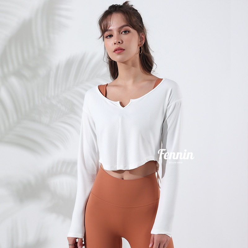 FENIN ÁoThun tập yoga áo tập yoga  tay dài cổ chữ v dáng rộng có dây rút có thể điều chỉnh