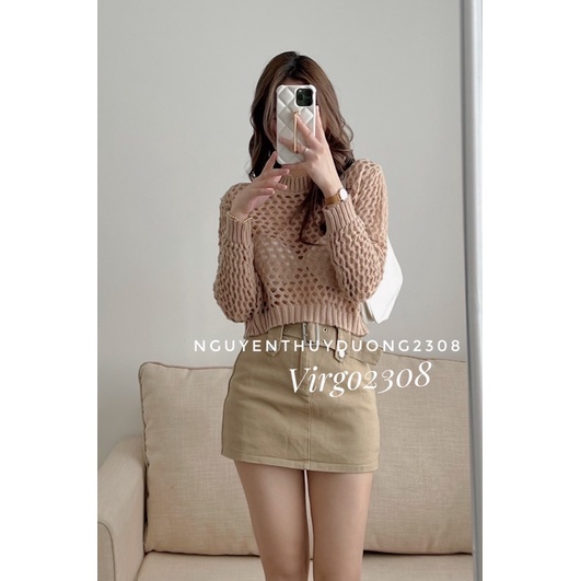 [HÀNG SẴN]ÁO LEN LƯỚI CỔ TRÒN DÁNG CROPTOP DÀI TAY HÀNG QUẢNG CHÂU