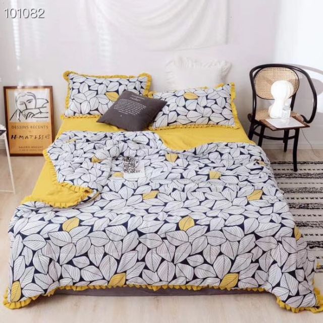 Bộ Ga Gối Cô Bé Và Chiếc Lá -Chăn Trần Bông set Chăn ga gối Đũi 4 món Cao Cấp