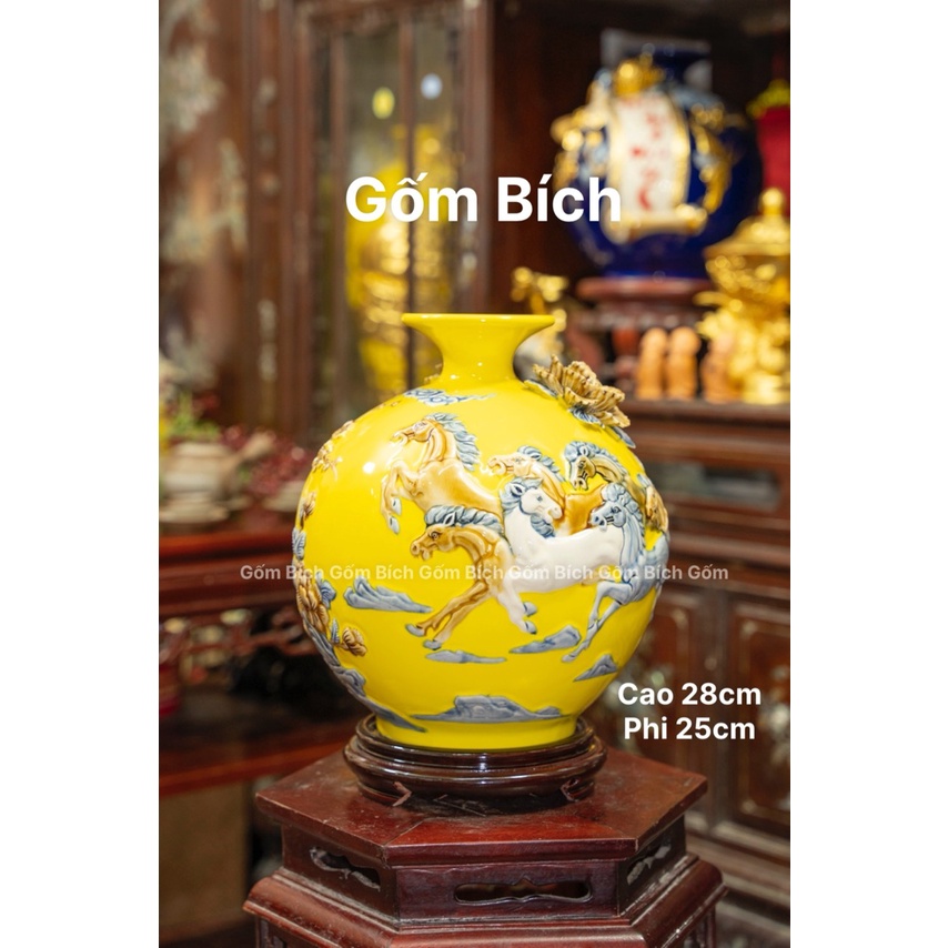 Bình Hút Tài Lộc Cao 28cm Mã Đáo Thành Công Bát Mã Men Màu Gốm Sứ Bát Tràng - Gốm Bích