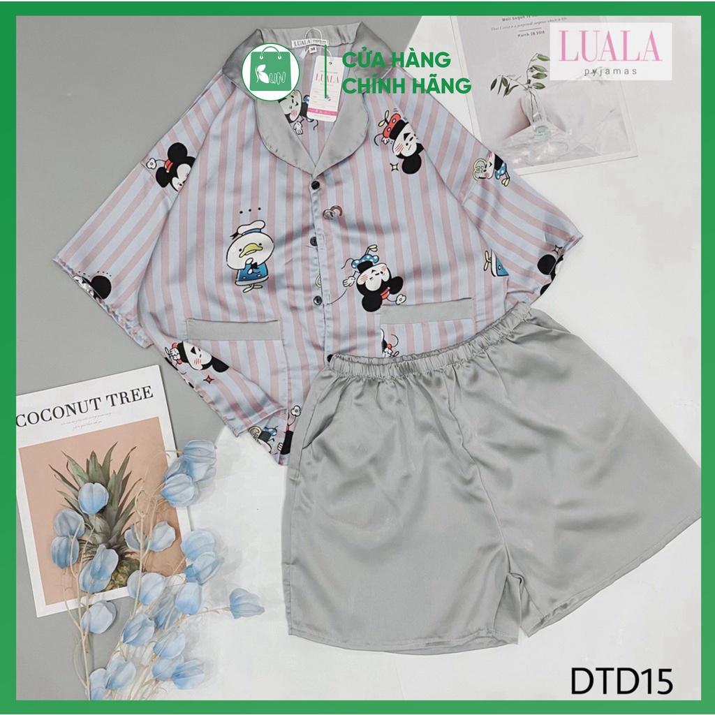 PYJAMAS LỤA SATIN - Bộ Cộc Đùi Lụa Cao Cấp Chuột Kẻ Ghi0