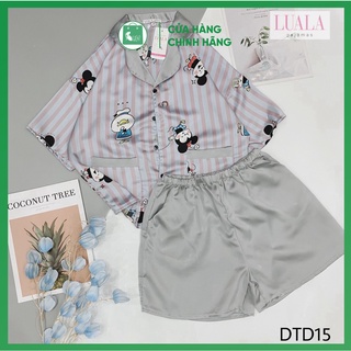 PYJAMAS LỤA SATIN - Bộ Cộc Đùi Lụa Cao Cấp Chuột Kẻ Ghi0