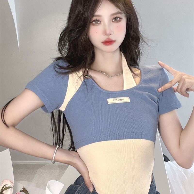 Áo thun JSC ngắn tay ôm dáng giả hai lớp phối dây xích thiết kế không đều màu tương phản thời trang