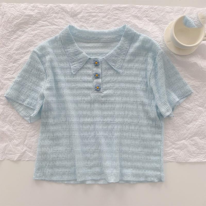 Áo t shirt ngắn tay mùa hè cho nữ cổ polo cúc hoa