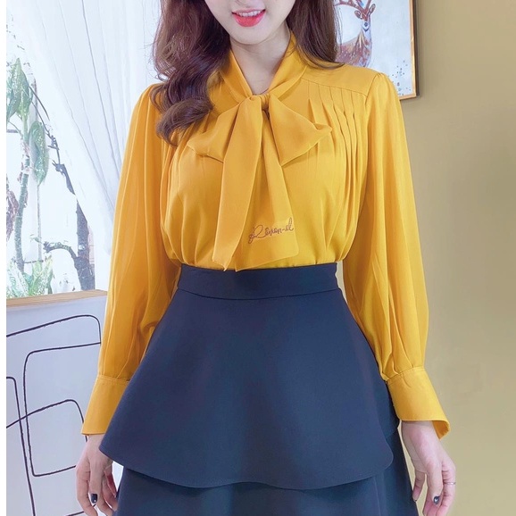 Áo sơ mi tay dài vải chiffon cổ thắt nơ in chữ Revenel CHUU A6998