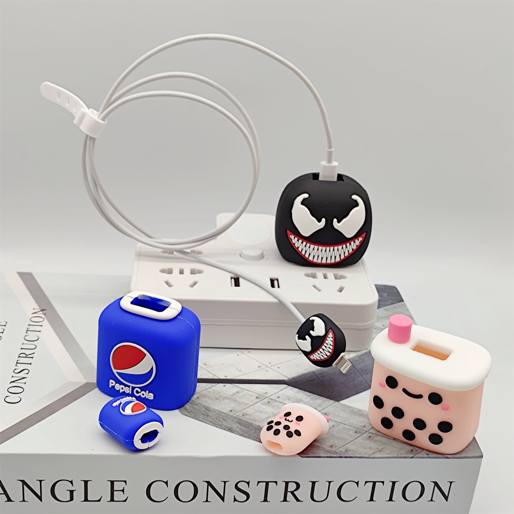 Bộ 2 Món Vỏ Bảo Vệ Dây Cáp Sạc Tai Nghe Apple iphone Bằng silicone Chống Sốc Hình Ly Trà Sữa 3D Dễ Thương 18W/20