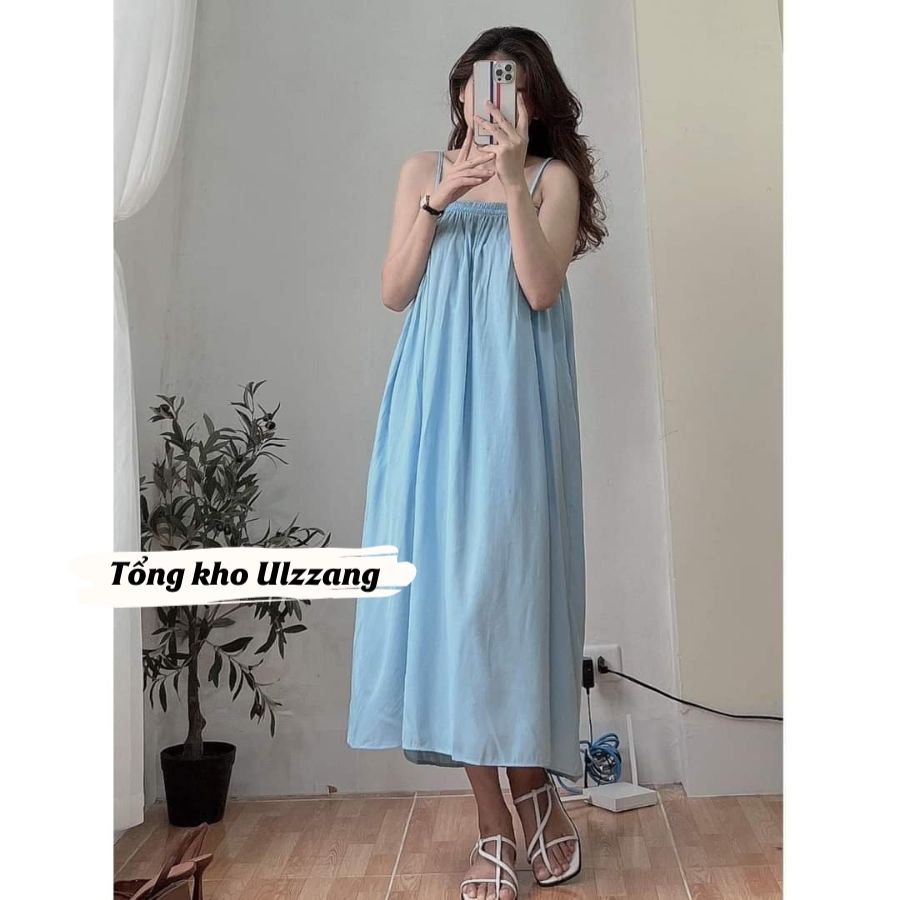 Váy Đầm Maxi Đi Biển Hai Dây Xòe Vải Đũi Lụa Mềm Mát Màu Xanh Lá Xanh Bơ