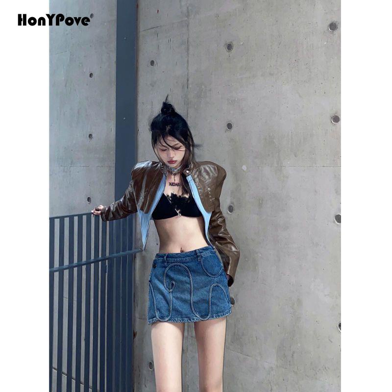 Honypove Áo Khoác Da Phối Màu Tương Phản Kèm Chân Váy Denim Phong Cách Retro Cho Nữ