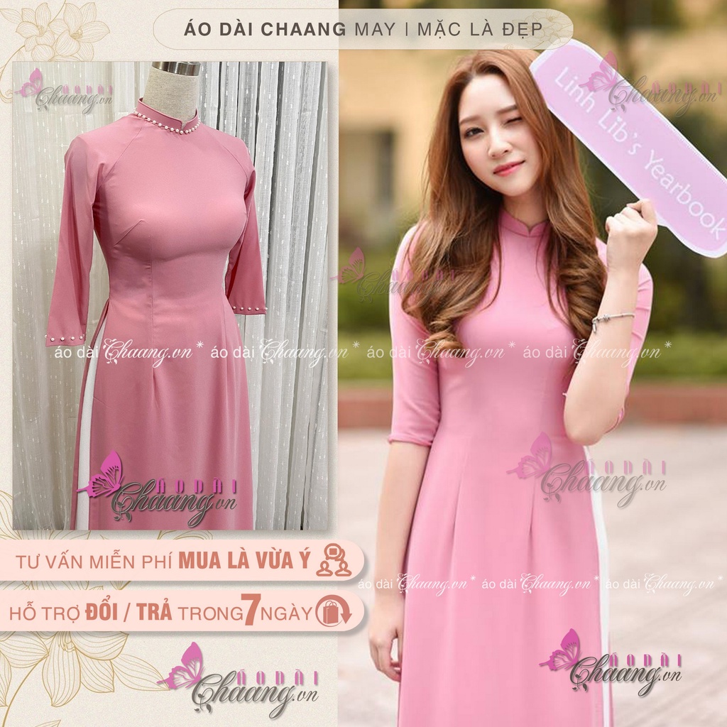 Áo Dài Màu Hồng Đỗ May Sẵn Cổ Vuông Tay Lỡ Vải Lụa Đẹp Co Giãn Tốt Dễ Mặc