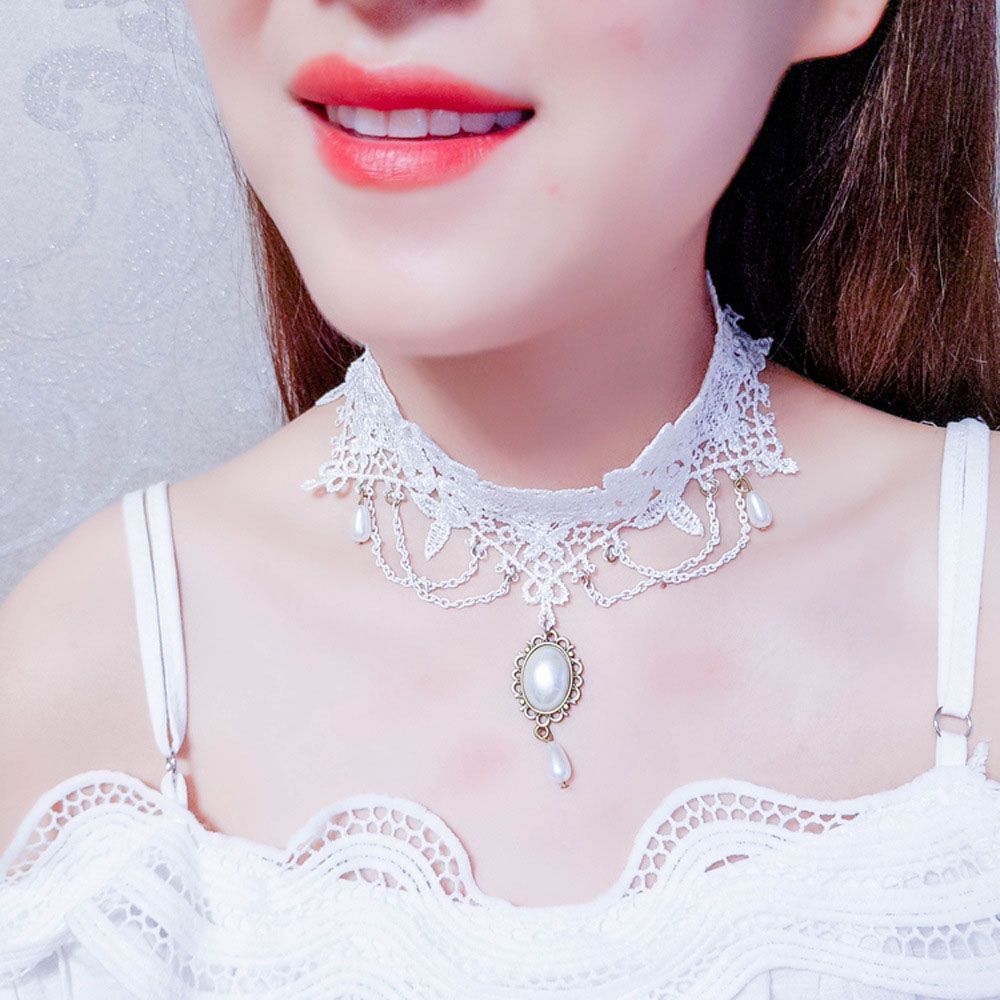 Vòng cổ choker phối ren đính ngọc trai thời trang cổ điển cho nữ