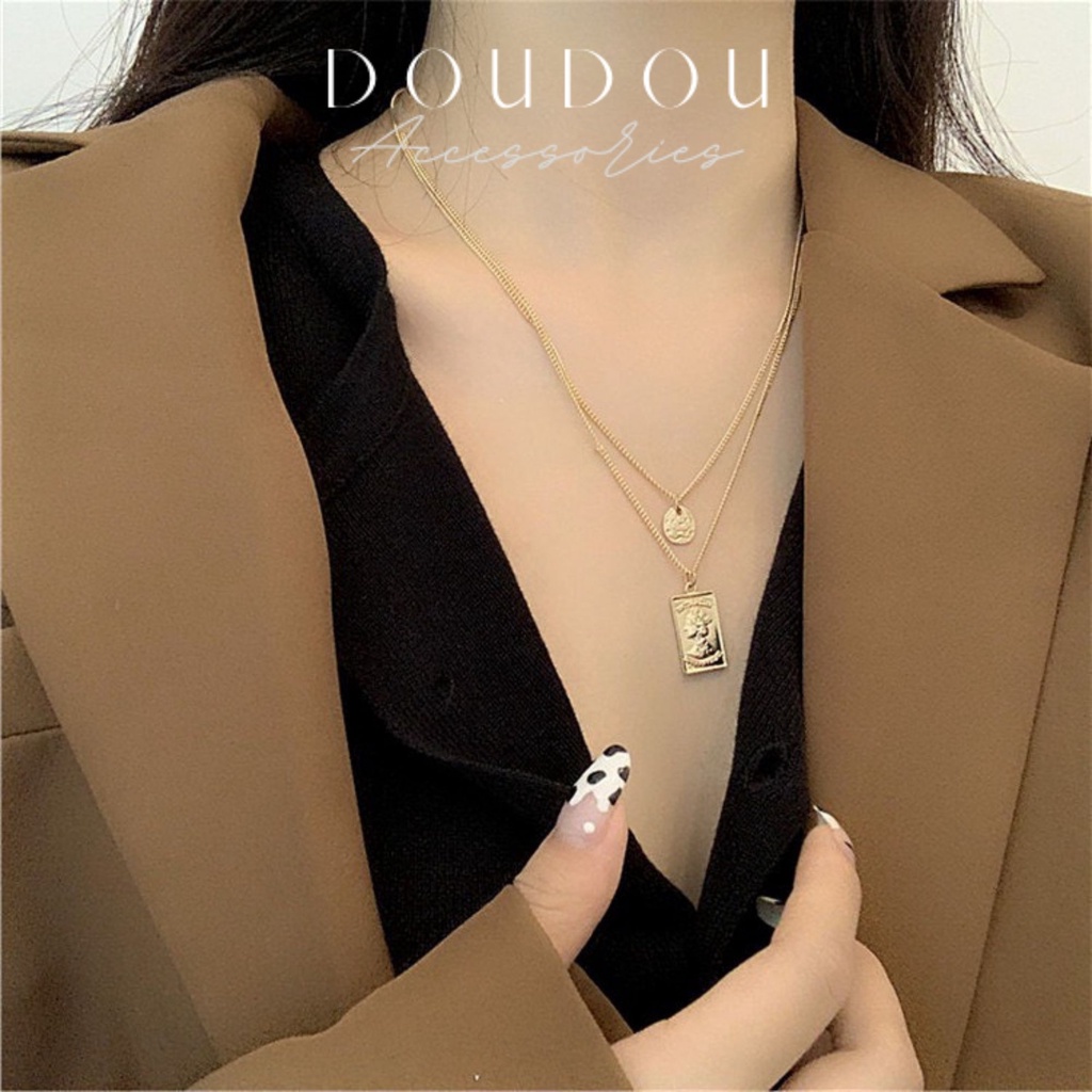 Dây chuyền nữ đẹp DOUDOU Dây chuyền hai tầng phong cách Âu Mỹ cổ điển chất liệu hợp kim thời trang XL004
