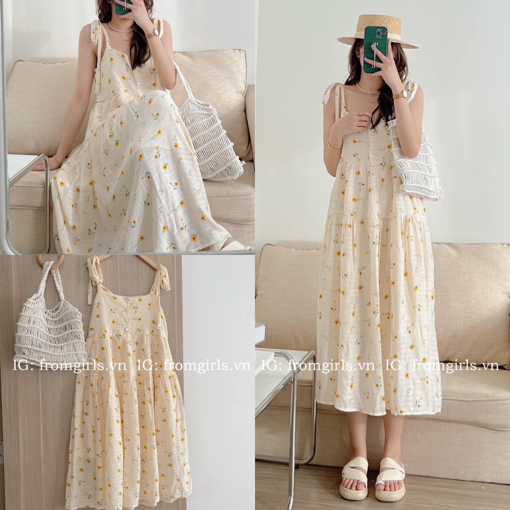 Đầm maxi đi biển, váy hoa nhí 2 dây dáng rộng 2 lớp buộc nơ vai fromgirls.vn - V80