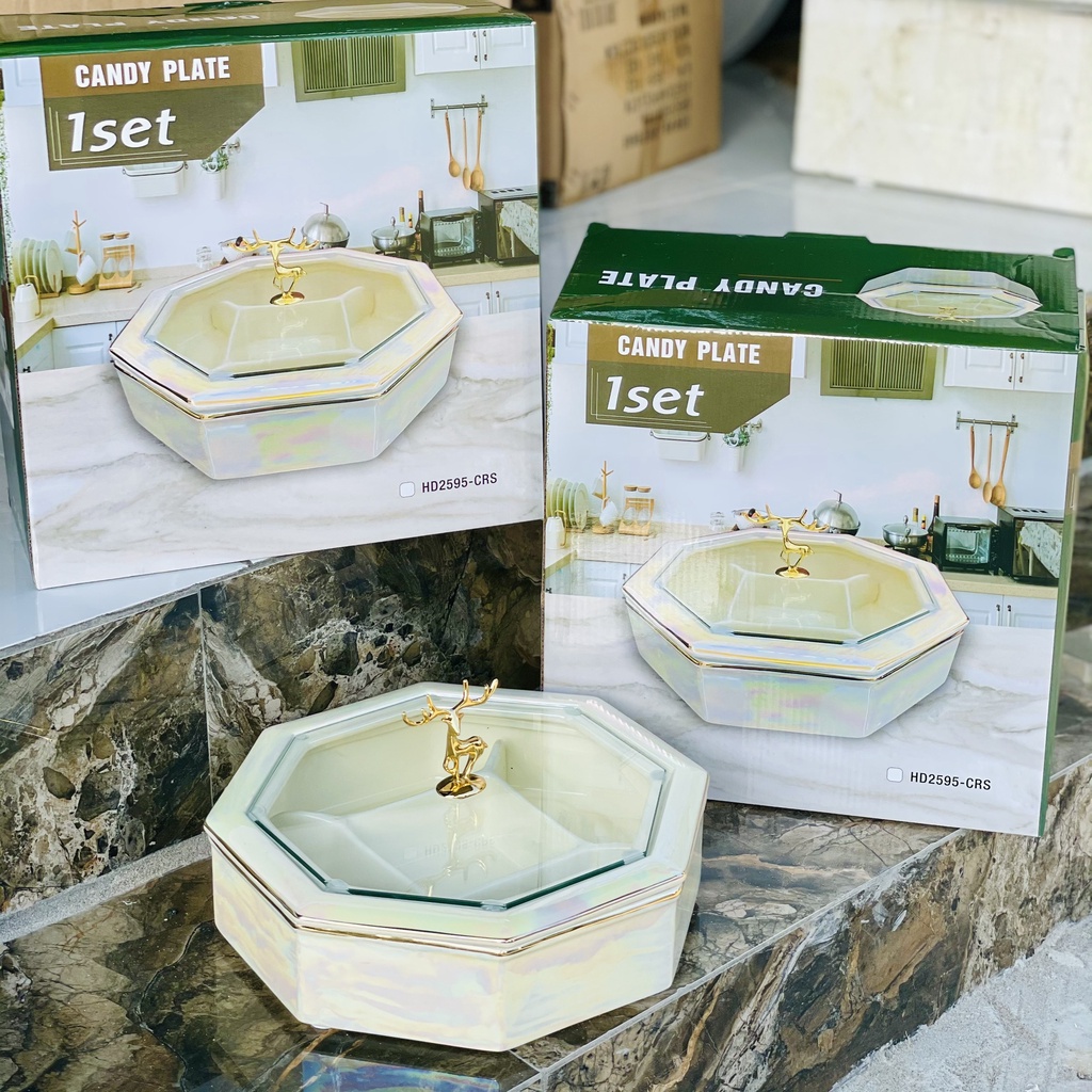 Khay mứt sứ - Khay mứt tết - Khay sứ đựng mứt tết 5 ngăn kèm thìa