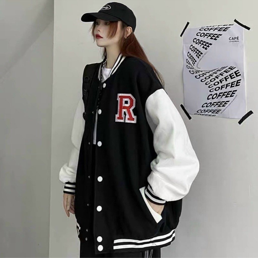 Áo Khoác Bomber Vasity Nỉ Thêu Chữ R Form Rộng Nam Nữ Chất Nỉ Bông Dày Dặn Unisex