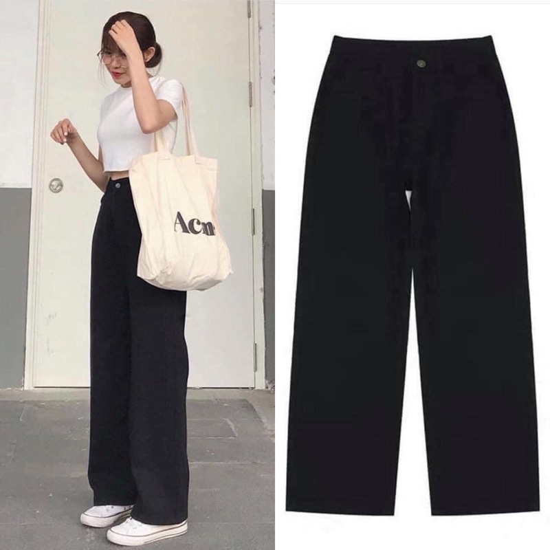 Quần kaki màu đen đẹp cao cấp mềm mại ống rộng phong cách hàn quốc.