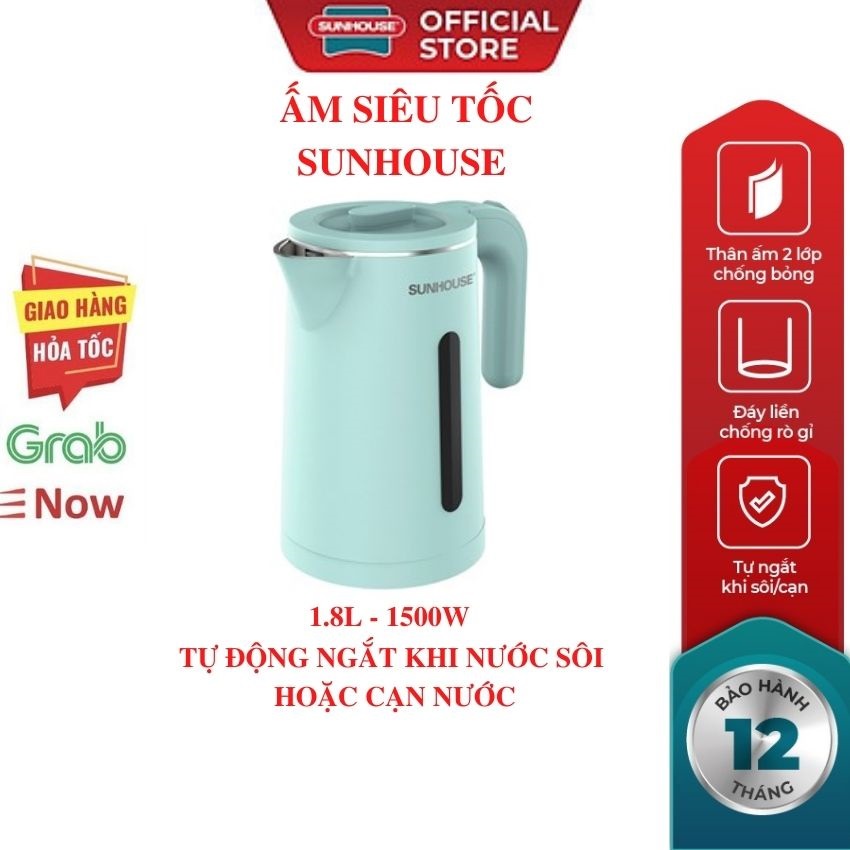 ấm đun nước siêu tốc SUNHOUSE SHD1351-2022 inox 2 lớp 1.8L nhiều kiểu bình đun nước siêu tốc Tự động tắt khi sôi