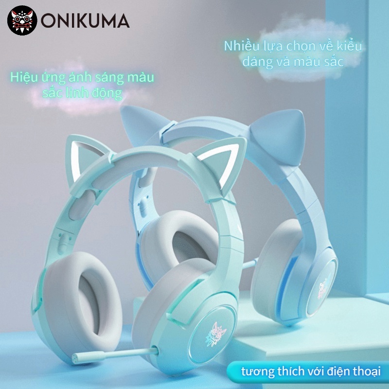 Tai nghe chơi game Màu xanh ONIKUMA K9 có mic, với tai mèo có thể tháo rời, có RGB, Headphone Gaming, Cho PC Laptop