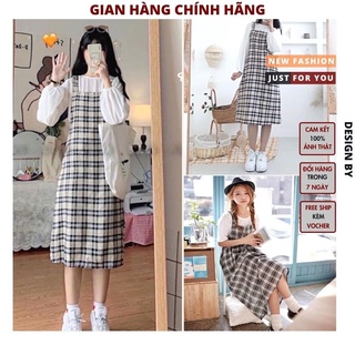 Set váy yếm kẻ 2 dây kèm áo dáng xòe kiểu dáng ulzaang hàn quốc hot trend