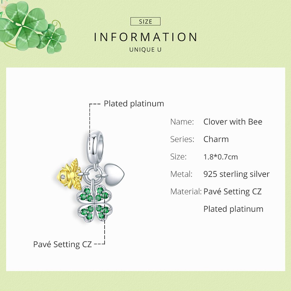 Hạt Charm Bamoer BSC303 Bằng Bạc 925 Đính Con Ong Cỏ Ba Lá Trái Tim Phong Cách Cổ Điển Làm Vòng Đeo Tay/ Dây Chuyền DIY