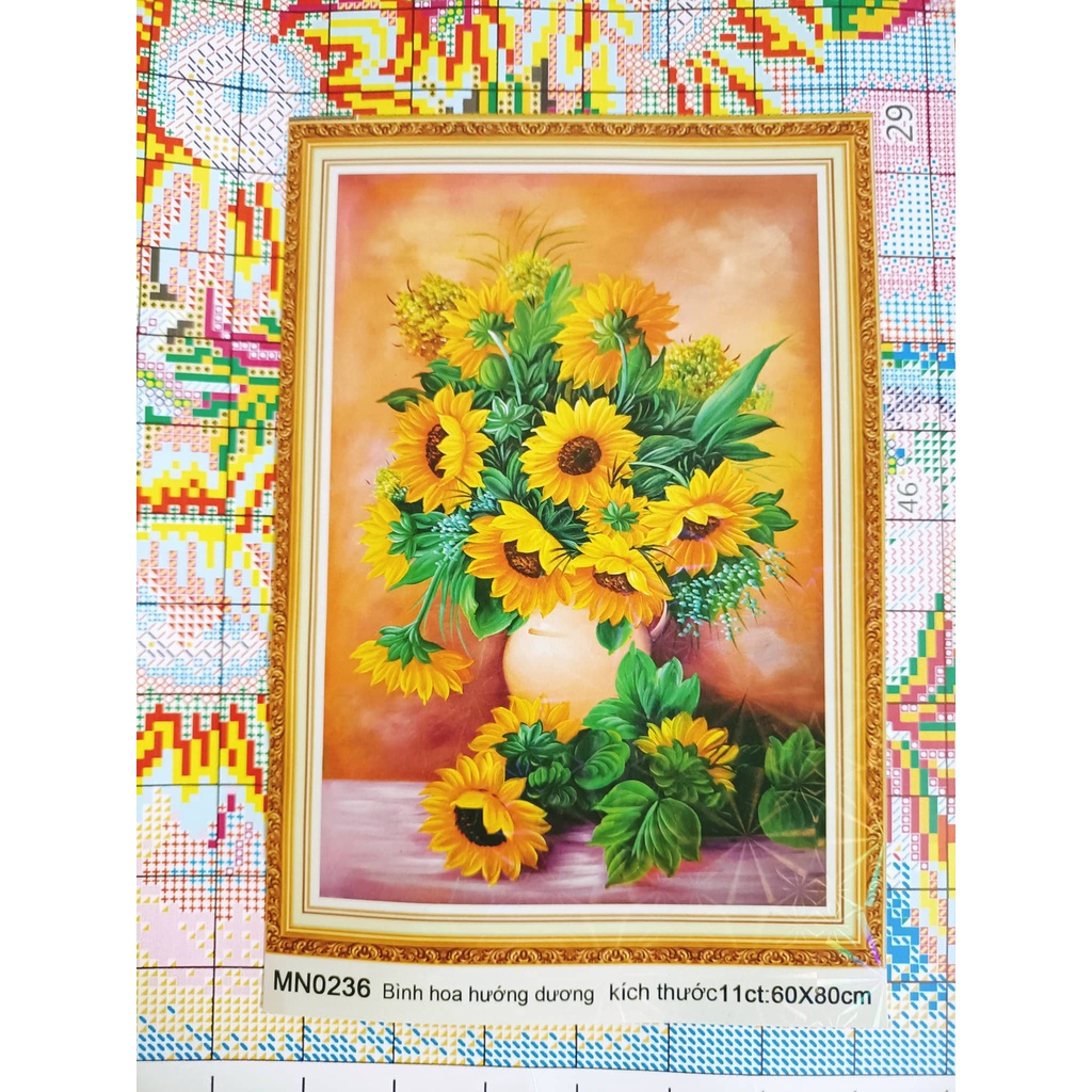 Tranh đính đá-Tranh thêu chữ thập bình hoa hướng dương