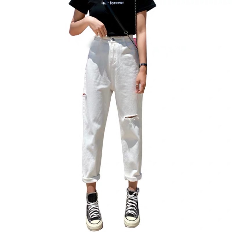 Quần Slim Jean Nữ Ống Đứng Trắng Kem Rách Sườn Ver.2 Lưng cao