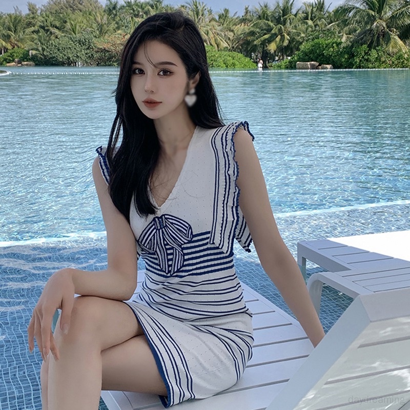 Váy Đầm không tay Cổ Chữ V Thắt Nơ Eo Thời Trang