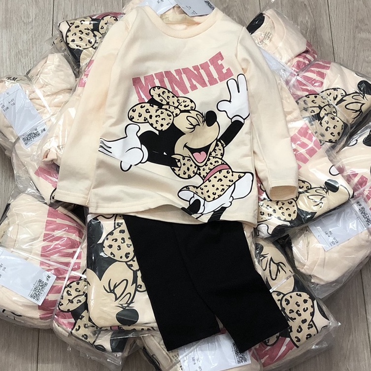 Bộ dài tay thu đông cho bé gái - Set áo váy dáng dài nỉ da cá màu be kết hợp quần legging đen Minnie HM cho bé gái