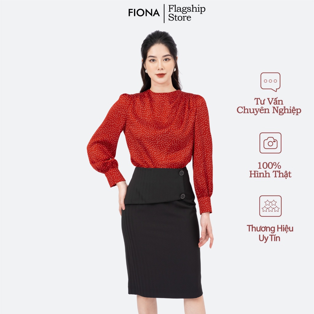 Áo Sơ mi nữ dáng suông, sơ mitay dài nhún bồng mangsec to đính cúc FIONA F551351