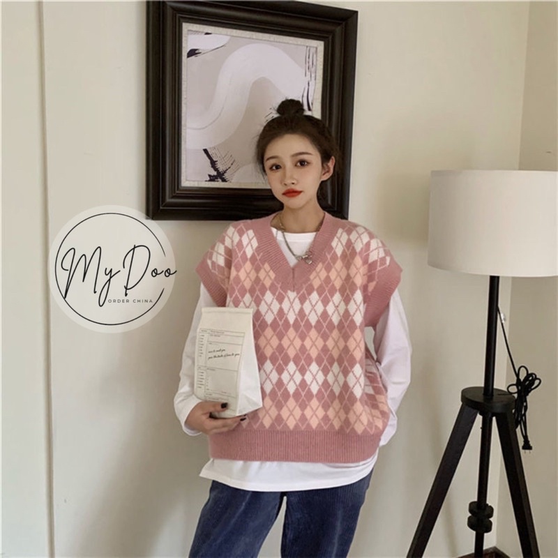 [ Trùm Sỉ Len ] Áo Cardeigan cộc tay - dài tay cho nữ hình thoi hồng xinh xắn - GL26