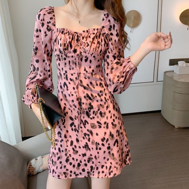 Đầm Chiffon Tay Phồng Cổ Vuông In Họa Tiết Da Báo Phong Cách Pháp Thời Trang Mùa Thu Mới Cho Nữ