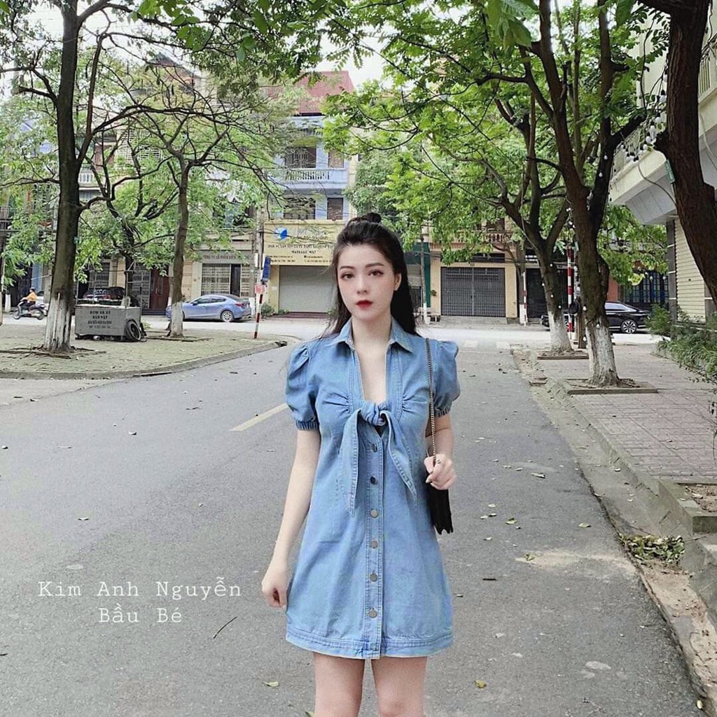Váy jean dáng chữ A tay ngắn nơ buộc ngực mã SL14