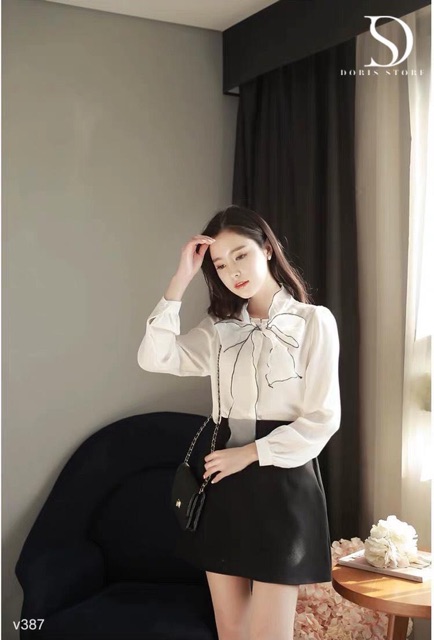 Áo sơ mi nữ cổ nơ viền đen m65 | BigBuy360 - bigbuy360.vn