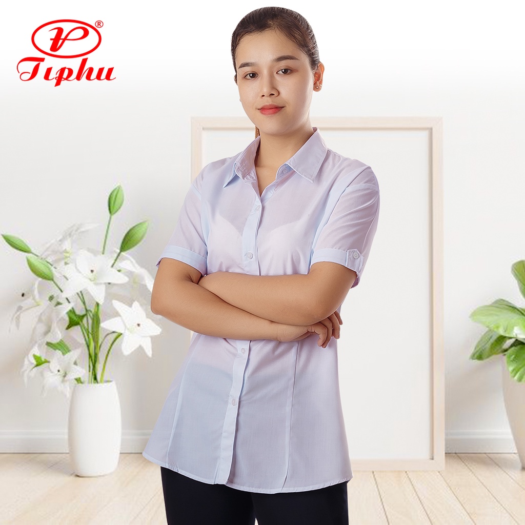 Áo sơ mi trắng nữ sinh tay ngắn, tay cách điệu nhẹ nhàng, vải KT Silk mềm mại, bigsize đến 80kg