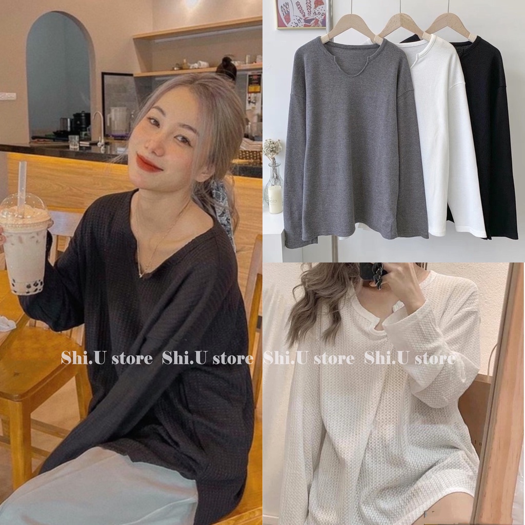 Áo Thun Gân Tay Dài Nữ Cổ U Chất Xốp Hàn Quốc Áo Dài Tay Vintage Dáng Rộng Ulzzang