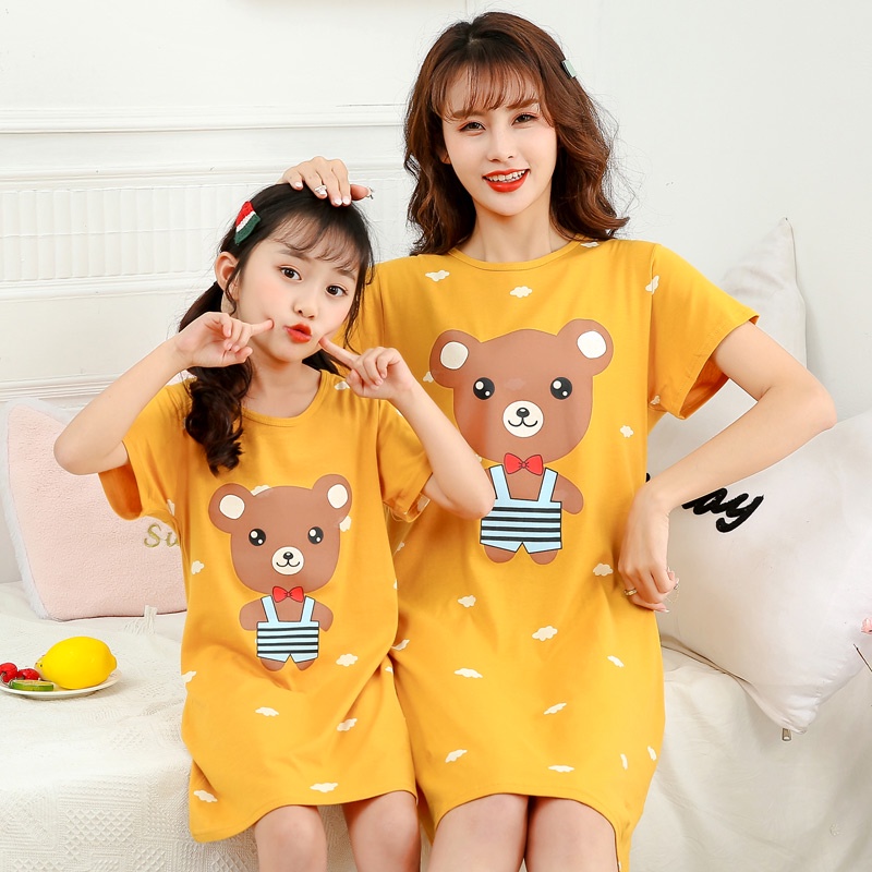 Đầm Ngủ Tay Ngắn Chất Liệu Cotton Thời Trang Xuân Hè Cho Mẹ Và Bé Kích Thước 100-180cm
