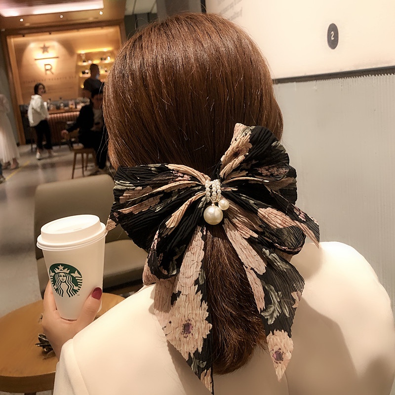 Kẹp tóc hình nơ đính hạt ngọc trai phong cách Hàn Quốc