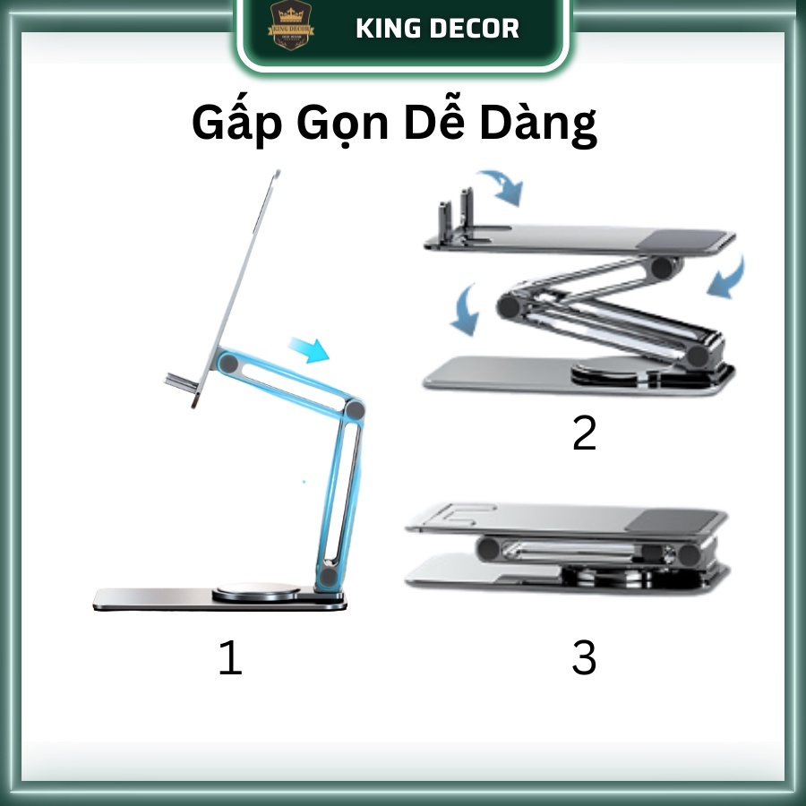 Giá đỡ điện thoại xoay 360 đa năng để bàn bằng kim loại nhôm KingDecor, Giá để điện thoại gấp gọn dễ dàng không đổ.