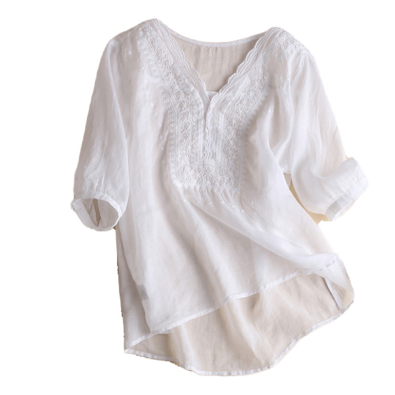 Áo cotton lanh lạnh ngắn tay thêu cổ chữ V thời trang hè