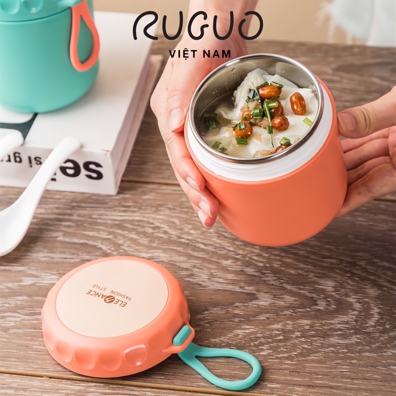 Bình Ủ Cháo ELEGANCE Giữ Nhiệt Tặng Kèm Thìa Màu Hồng Pastel Cao Cấp Lõi Inox 304 Không Gỉ